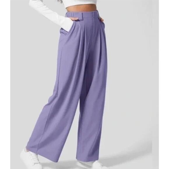 Halara Pants High Waisted Waffle Medium Petite Pockets Straight Wide Leg Purple - Picture 1 of 5